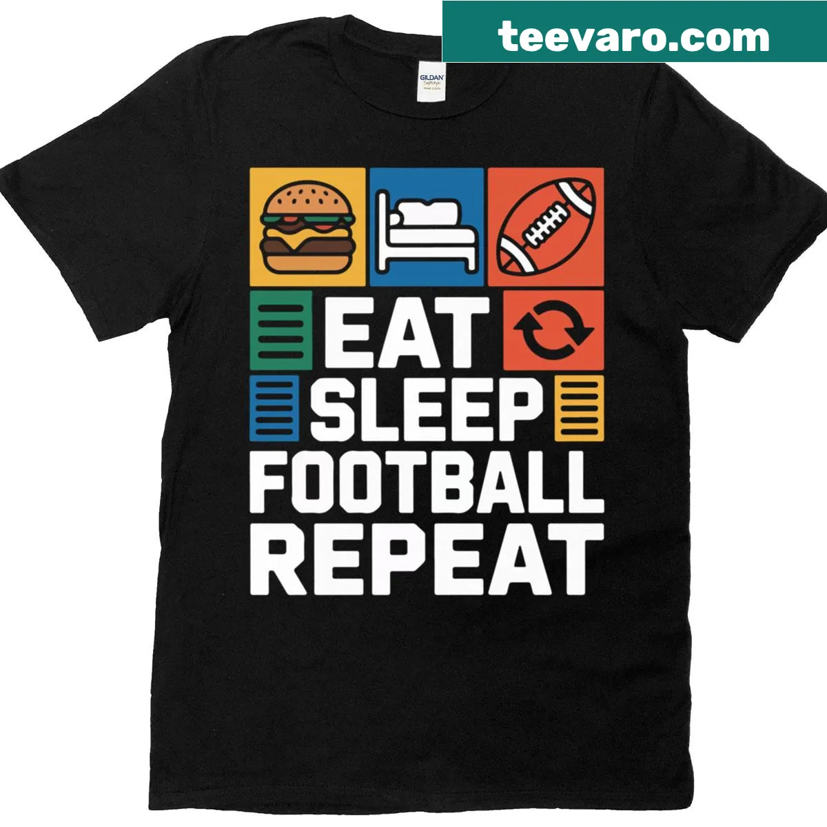 Football fan t-shirt with bold 'Eat Sleep Football Repeat' design. — on a men's t-shirt