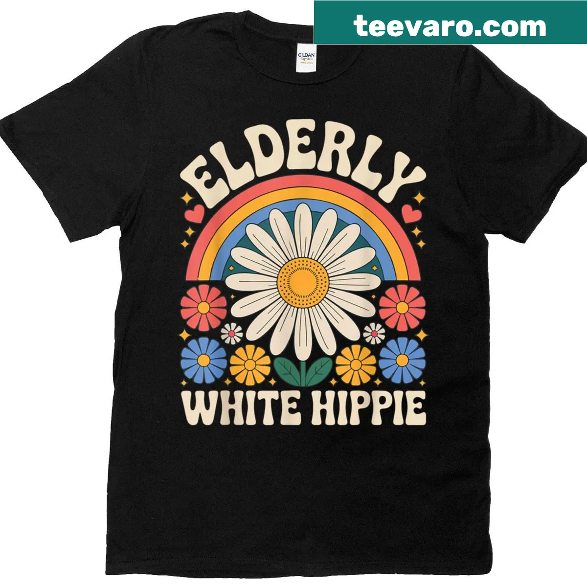 Retro daisy rainbow graphic on hippie T-shirt — on a men's t-shirt