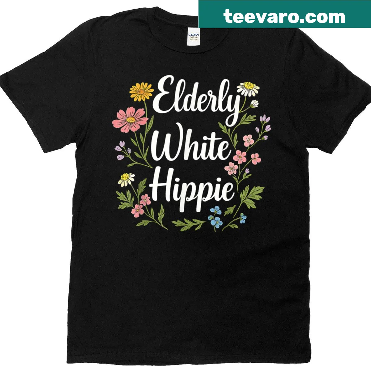 Retro floral graphic t-shirt celebrating the hippie era — on a men's t-shirt