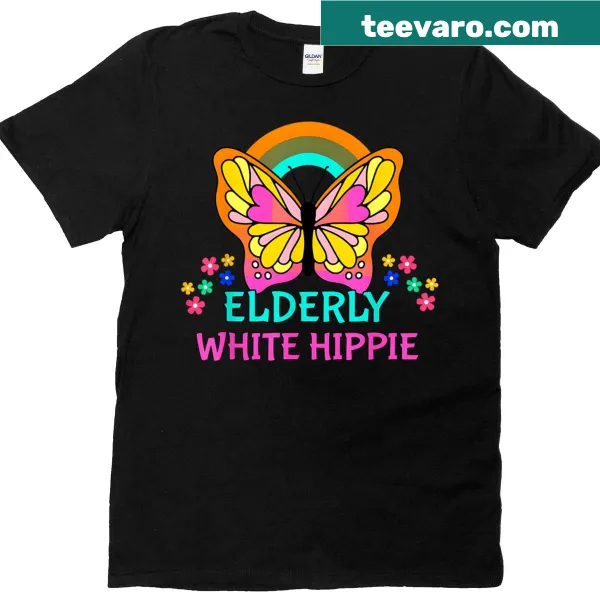 Retro hippie T-shirt with rainbow flowers and butterflies design