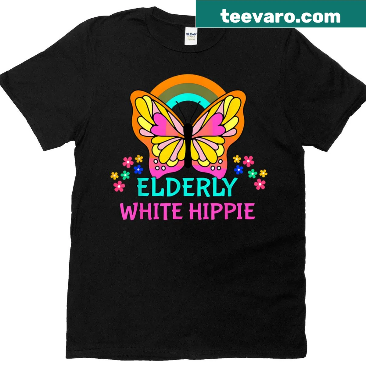 Retro hippie T-shirt with rainbow flowers and butterflies design — on a men's t-shirt