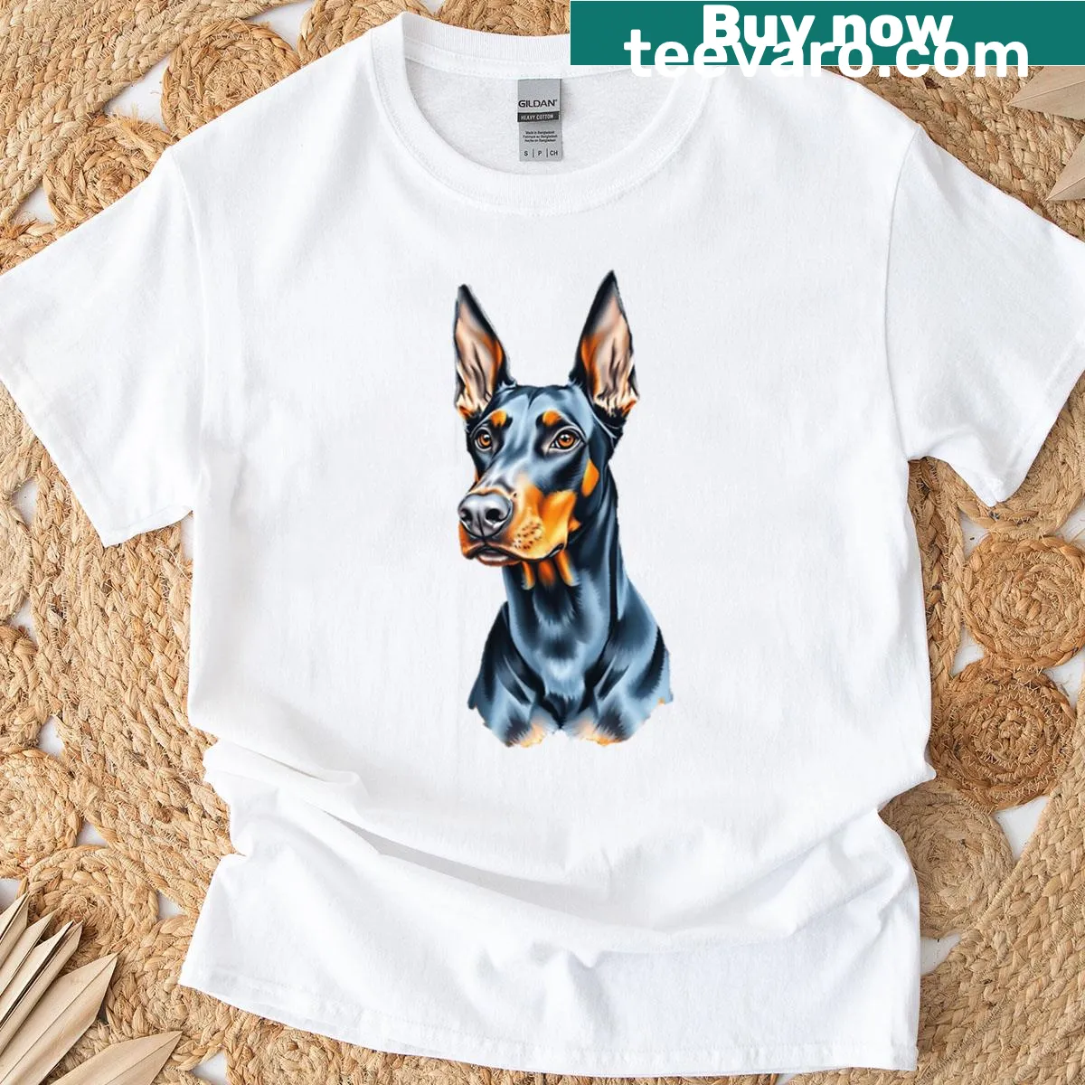 Graphic design of a glowing Doberman highlighting its elegant features. — on a men's t-shirt