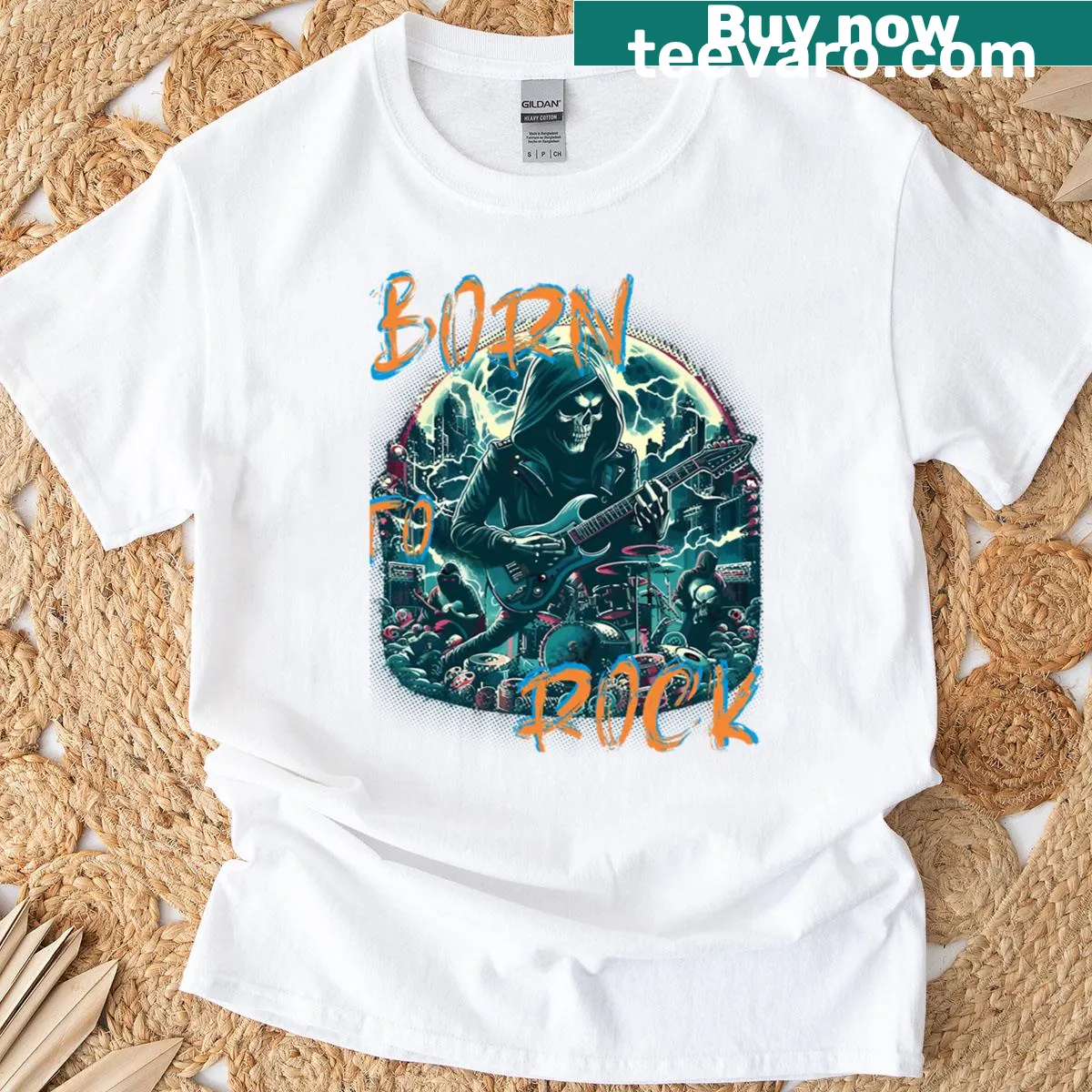 Skeleton playing guitar with 'Born To Rock' text illustration — on a men's t-shirt