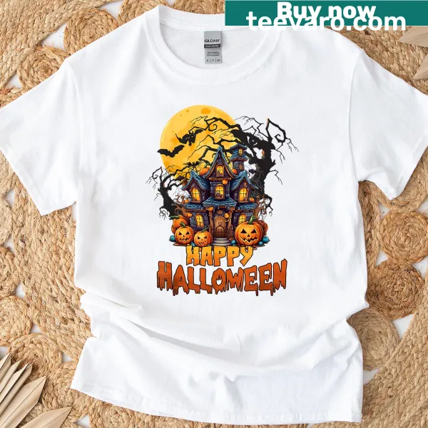Halloween shirt with haunted houses, spiders, and bats illustration