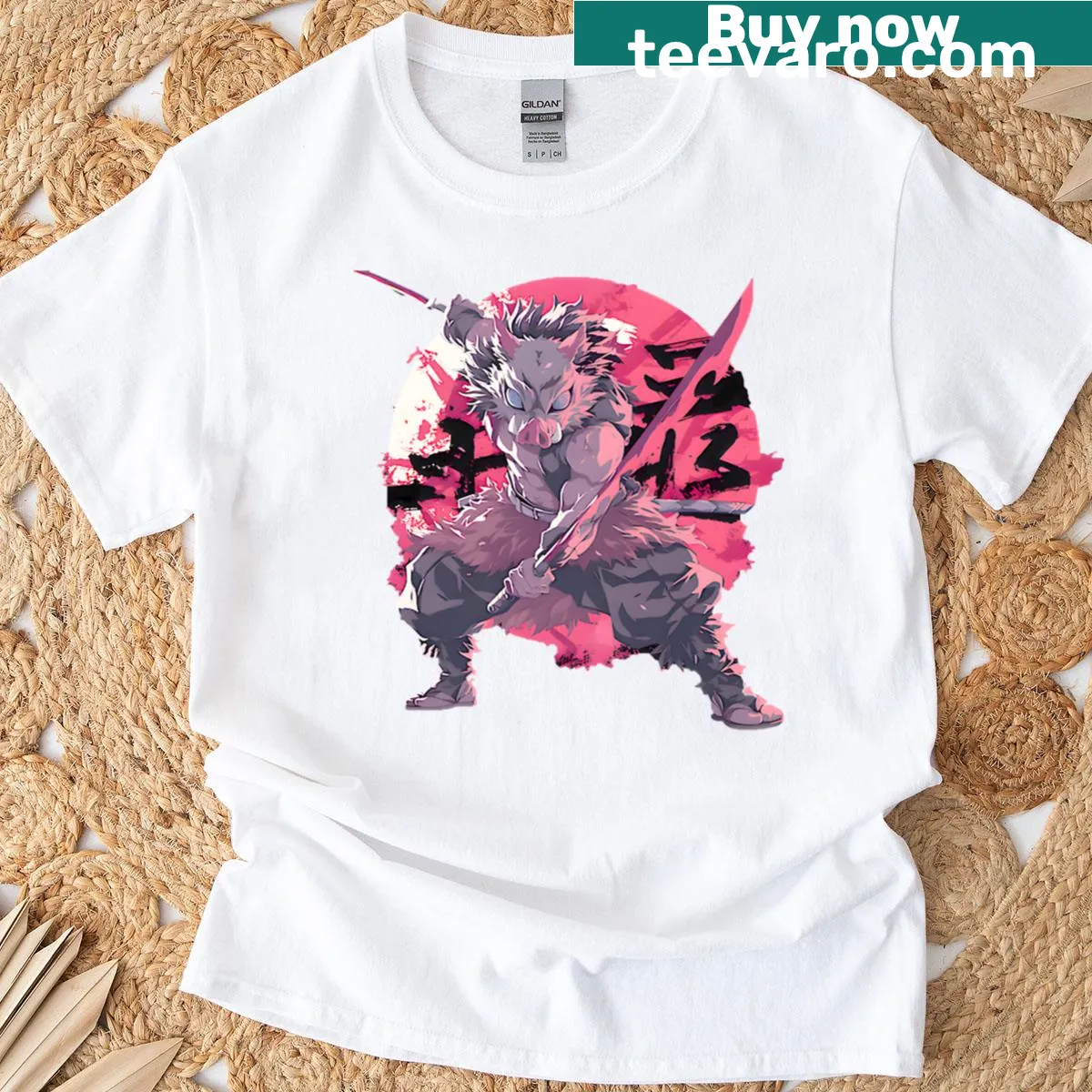 Dynamic anime art of a wild boar warrior with dual blades — on a men's t-shirt