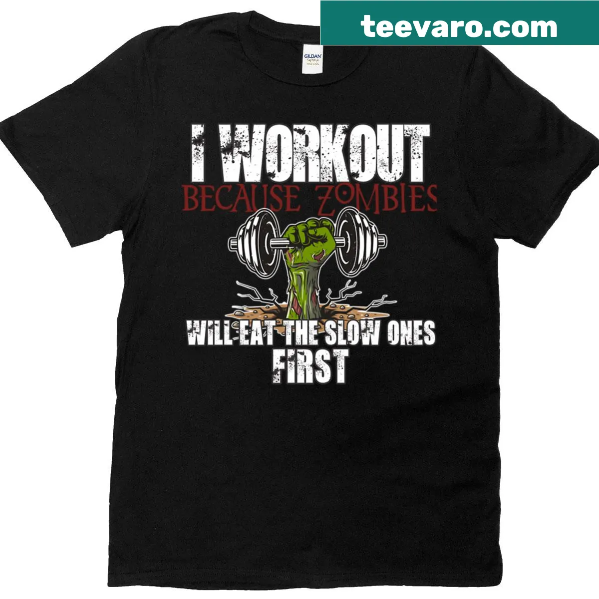 Fitness t-shirt with zombie hand and dumbbell graphic — on a men's t-shirt
