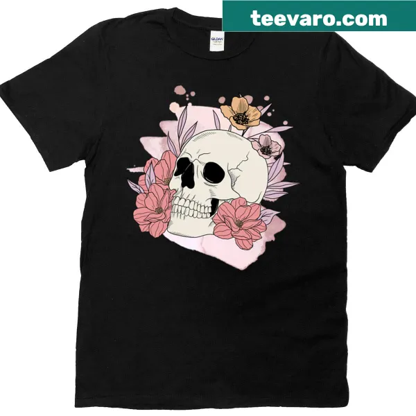 Floral skull graphic on a T-shirt featuring intricate details