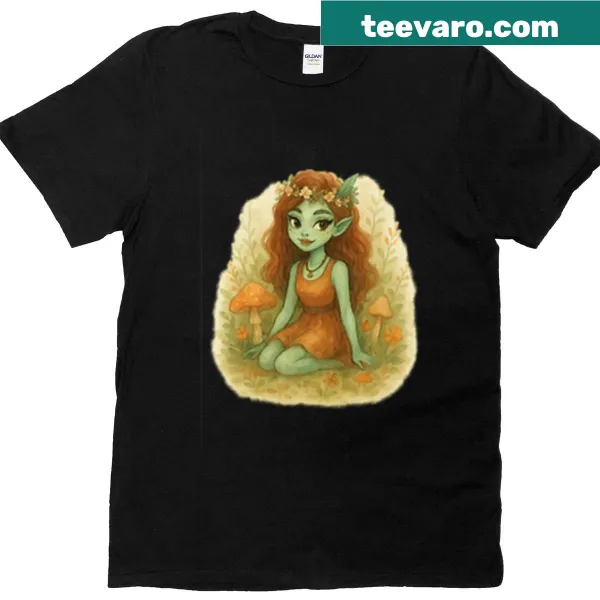 Illustrated forest pixie t-shirt with whimsical design elements