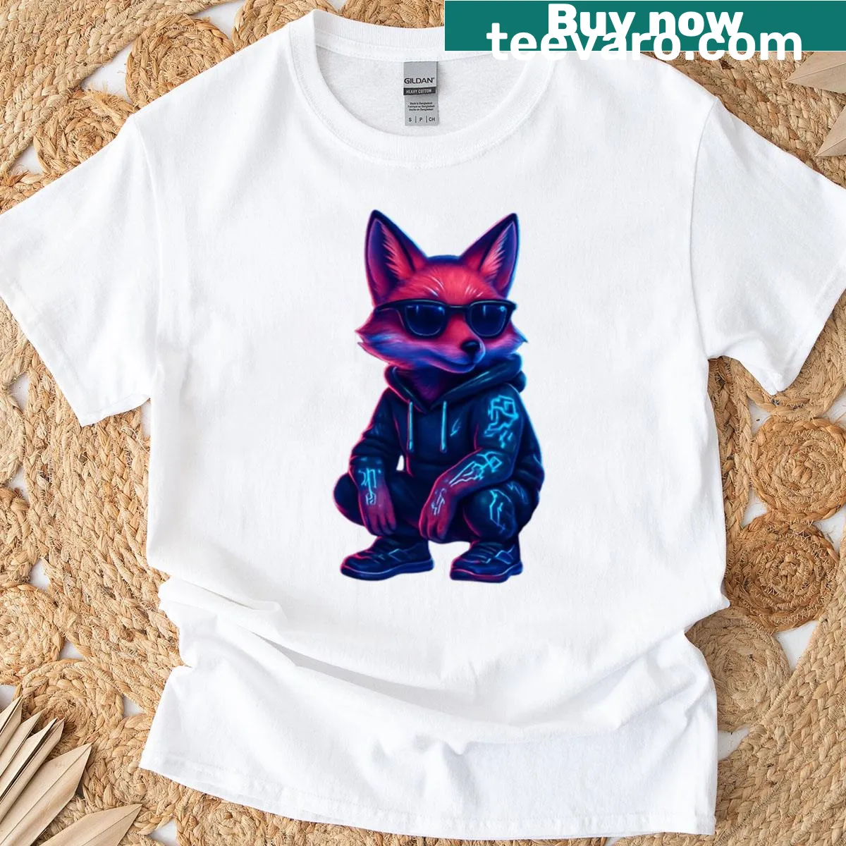 Illustrated fox with glowing circuit tattoos on a t-shirt — on a men's t-shirt
