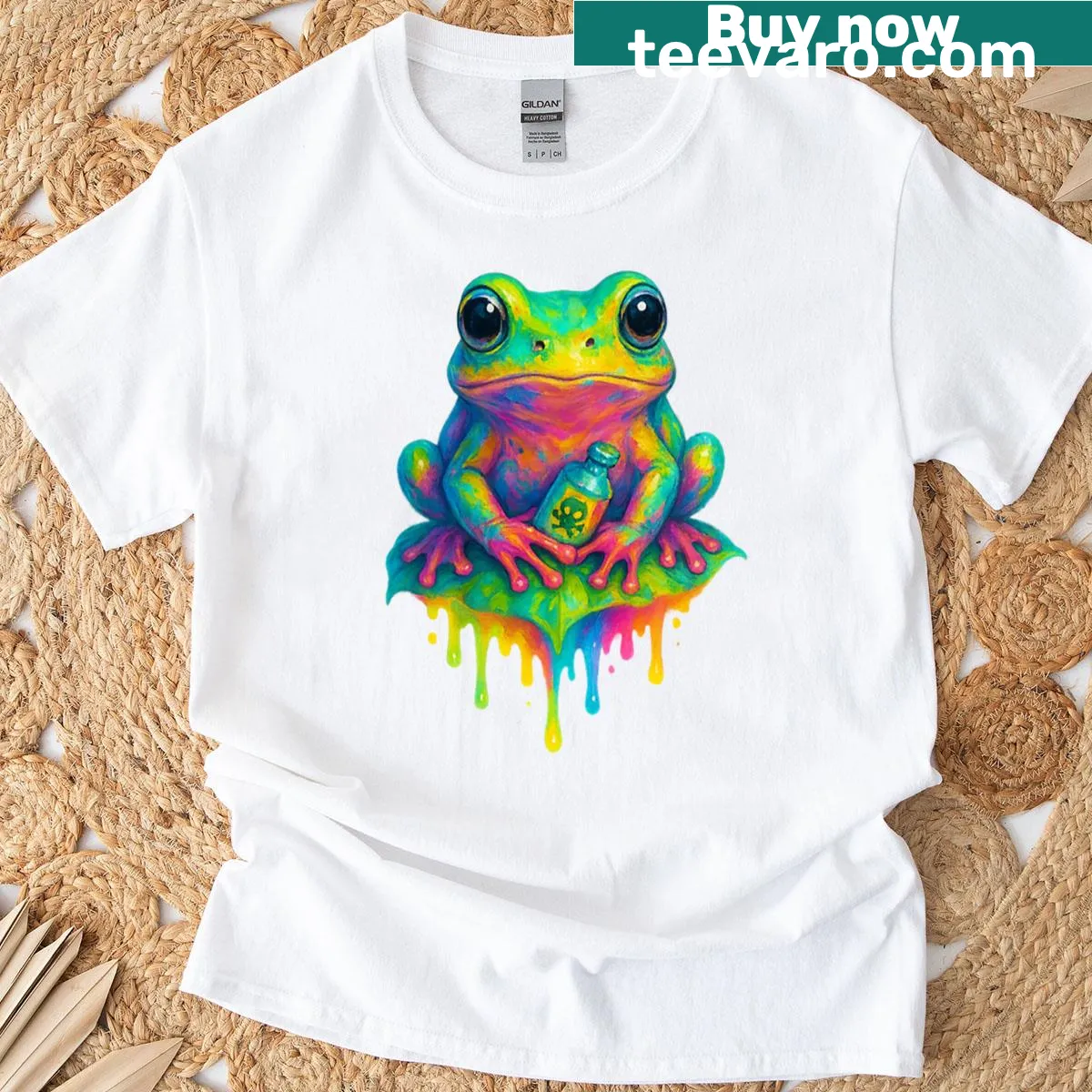 Illustrated frog graphic promoting environmental awareness. — on a men's t-shirt
