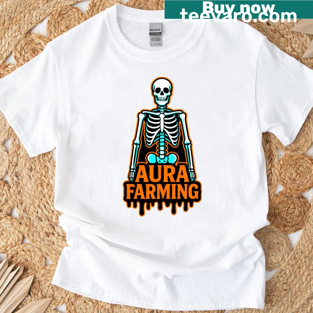 Funny T-shirt featuring a skeleton for Halloween with slang elements. — on a men's t-shirt