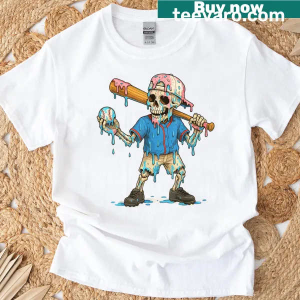 Cartoon skeleton baseball t-shirt with ice cream drip design for kids.
