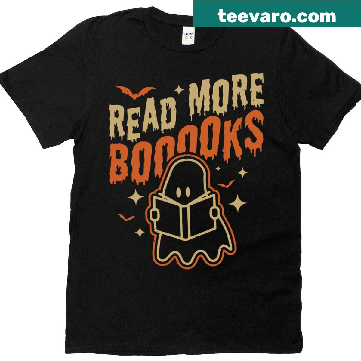 Cute Halloween t-shirt featuring a friendly ghost and books pun — on a men's t-shirt