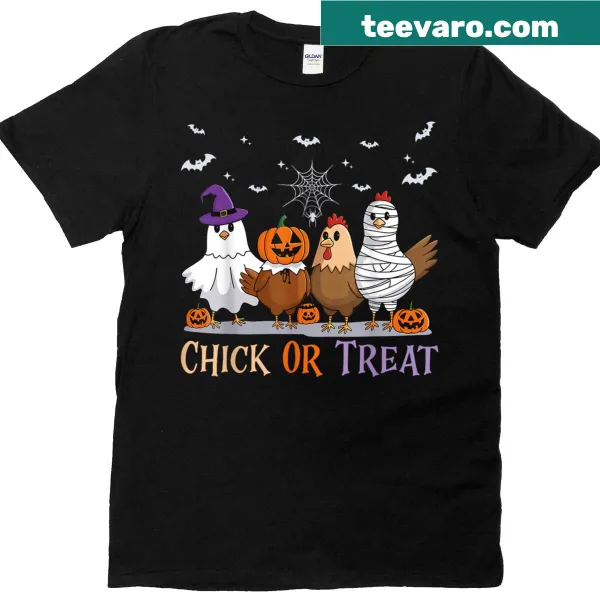 Funny Halloween t-shirt with cartoon chickens in costumes