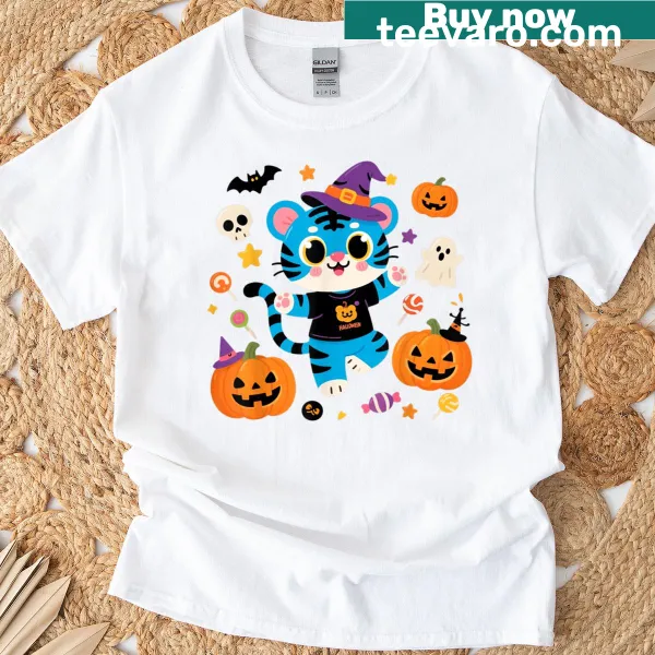 Cartoon tiger and bird graphic on a funny Halloween t-shirt for kids and adults