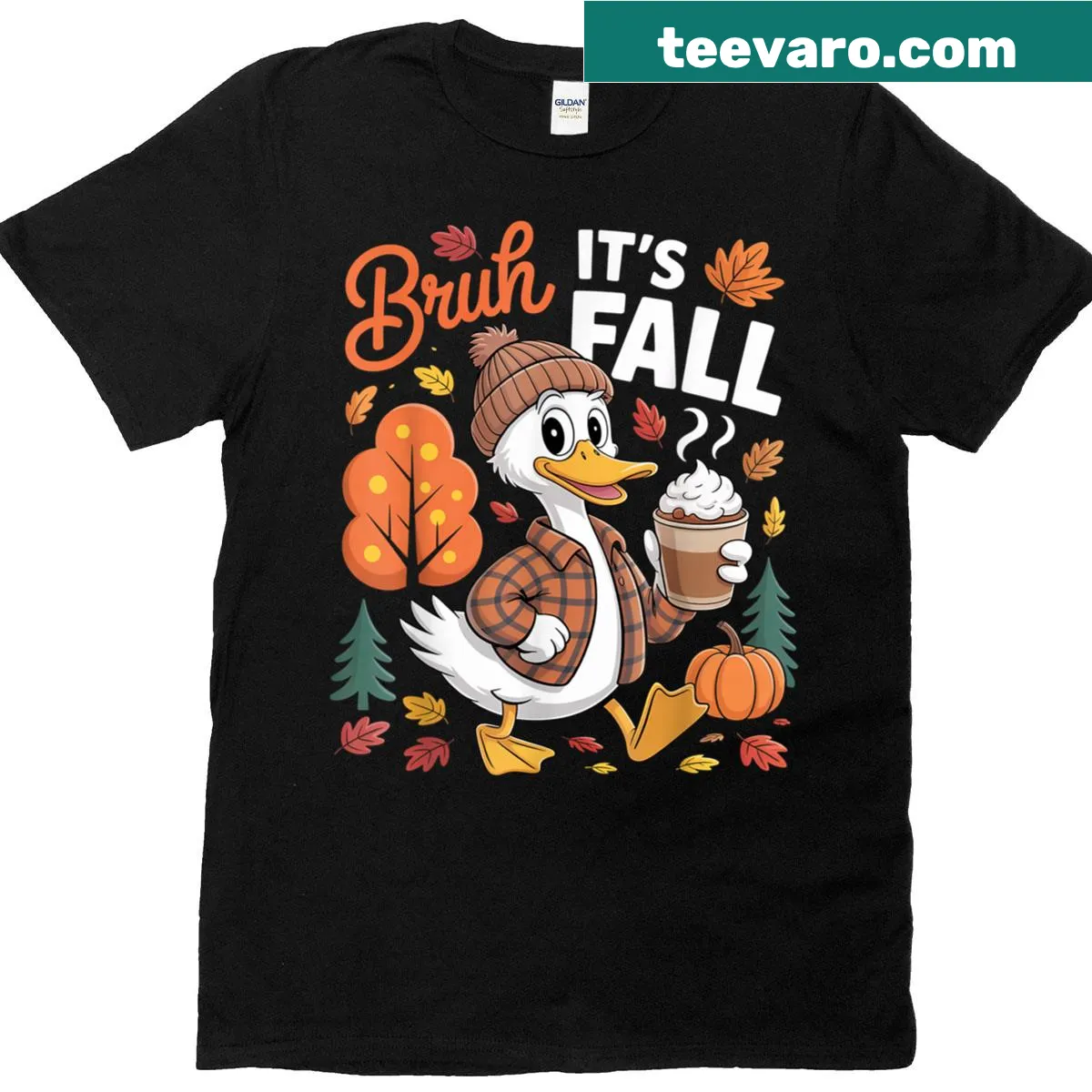 Funny duck graphic with autumn leaves on shirt — on a men's t-shirt