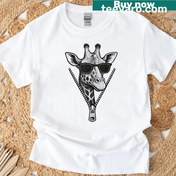 Funny T-shirt with a cartoon giraffe emerging from a zipper.