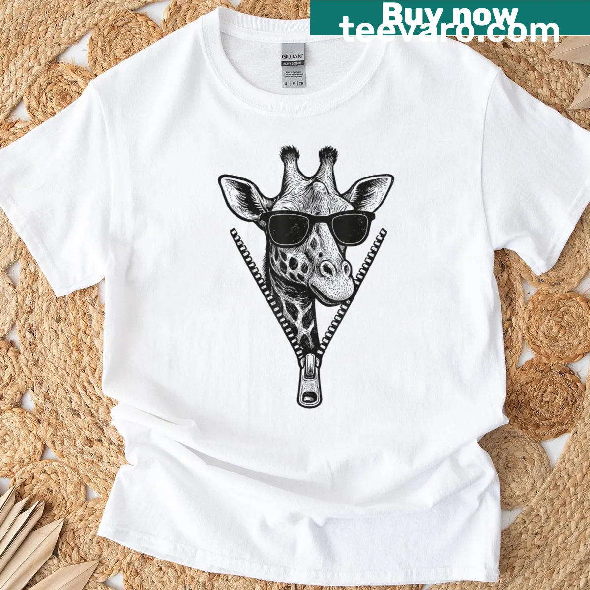 Funny T-shirt with a cartoon giraffe emerging from a zipper. — on a men's t-shirt