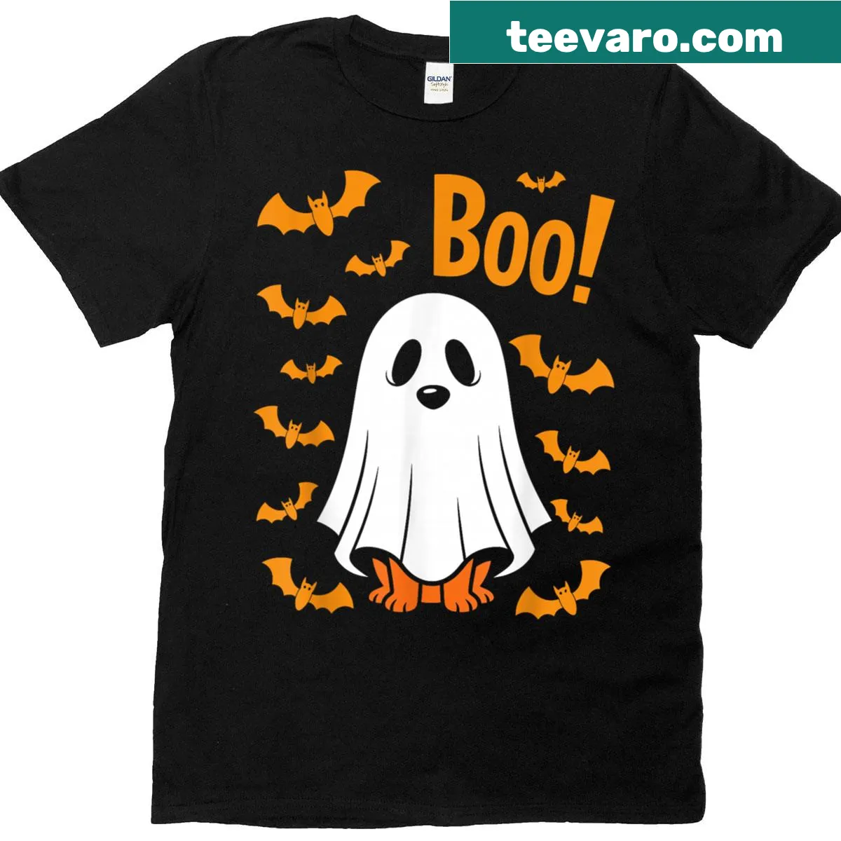 Illustrated Halloween shirt with a dog in a ghost costume and bats. — on a men's t-shirt