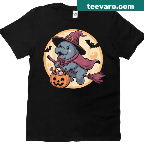 Cartoon manatee wearing a witch hat with pumpkins for Halloween