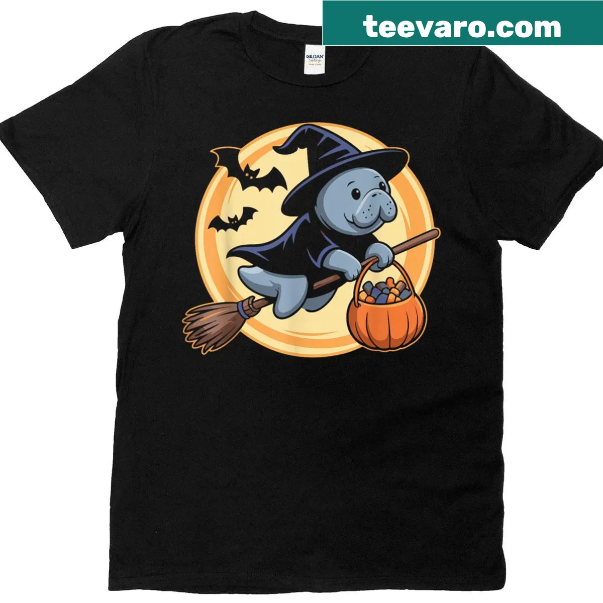 Cartoon manatee in witch hat on Halloween T-shirt — on a men's t-shirt