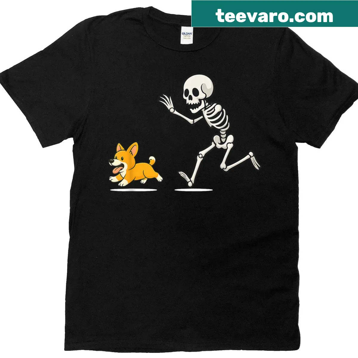Skeleton chasing a corgi for a Halloween-themed t-shirt — on a men's t-shirt