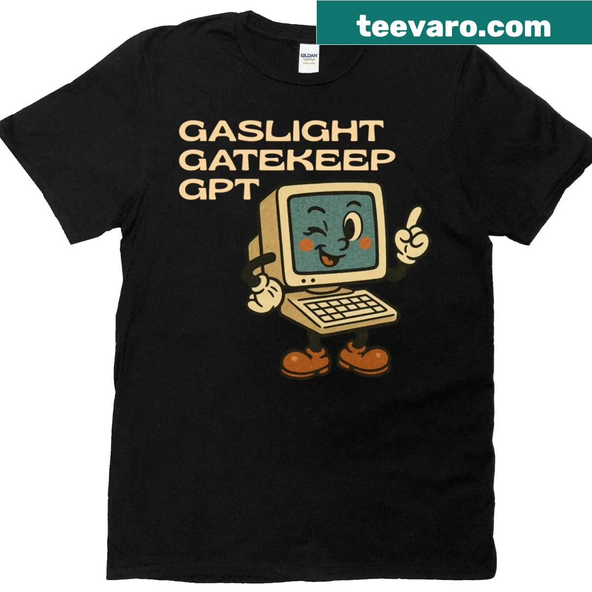 Retro cartoon graphic about AI on T-shirt — on a men's t-shirt