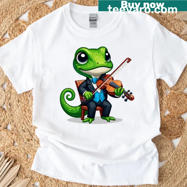 Gecko sitting beside a violin on T-shirt