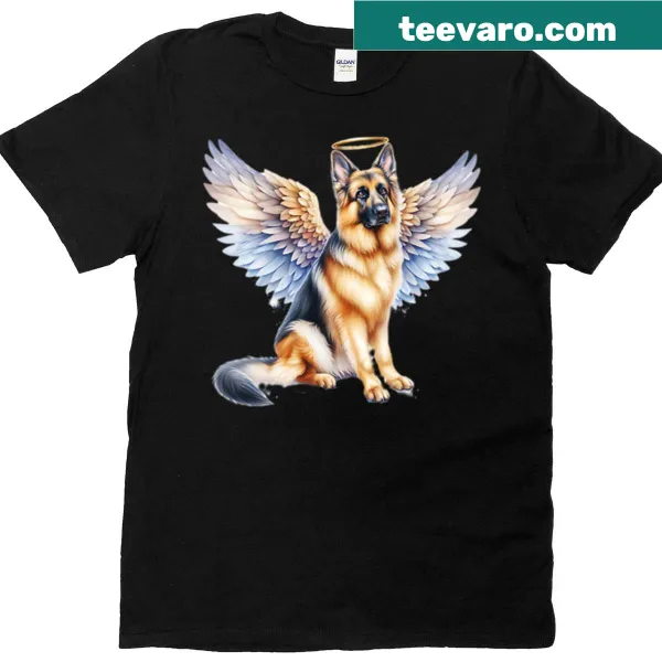 Illustration of a German Shepherd as an angel on a t-shirt