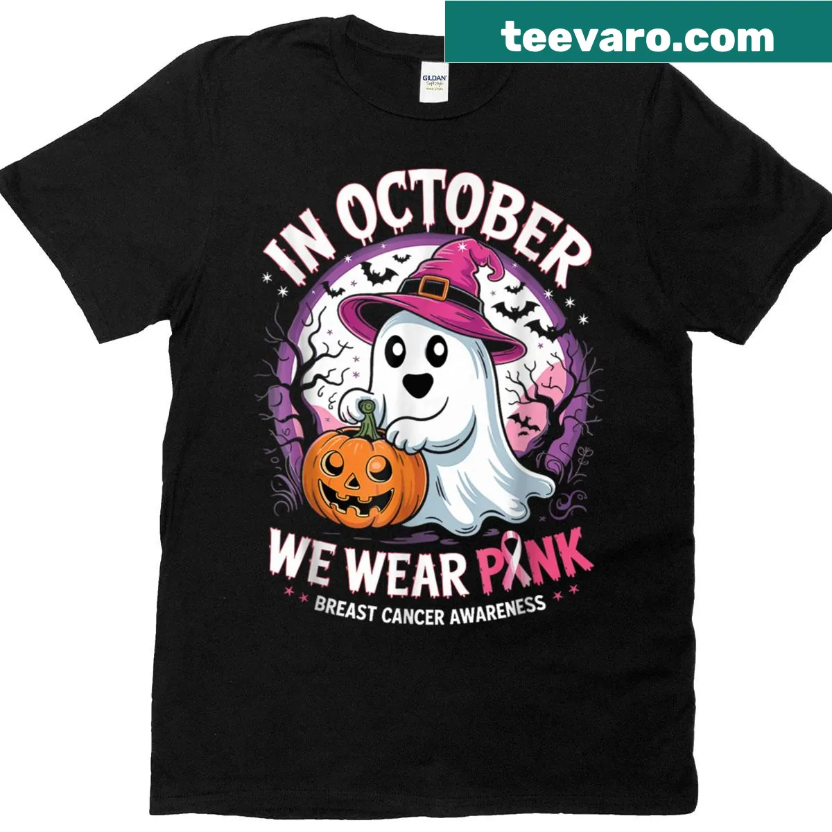 Halloween T-shirt with ghosts and pink theme for breast cancer awareness — on a men's t-shirt