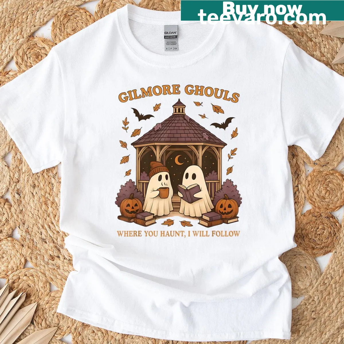 Cute ghost art T-shirt with playful slogan about following — on a men's t-shirt