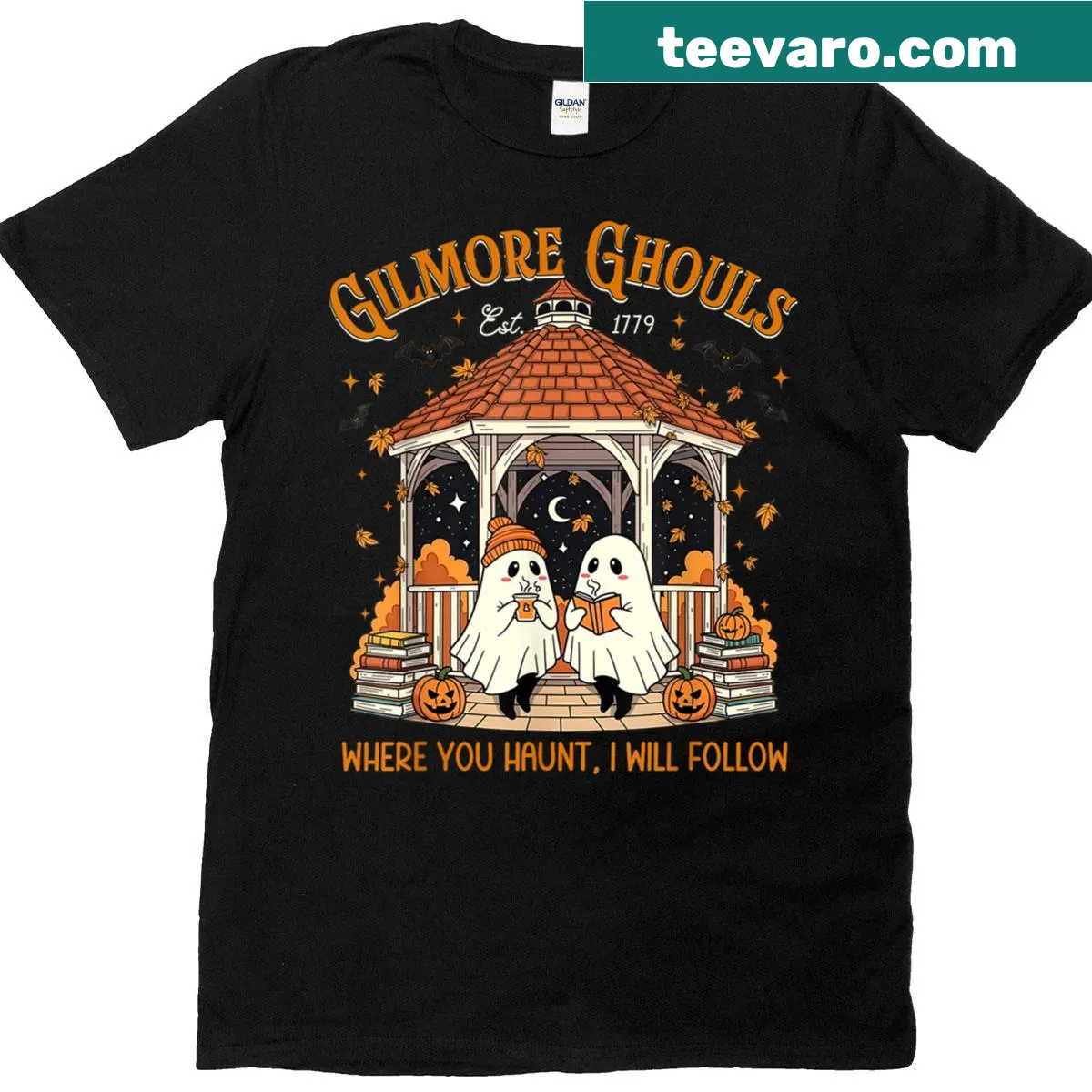 Halloween T-shirt with 'Where You Haunt I Will Follow' text and ghost design — on a men's t-shirt