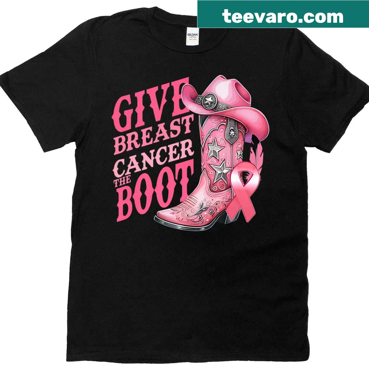 T-shirt with cowgirl theme promoting breast cancer awareness — on a men's t-shirt