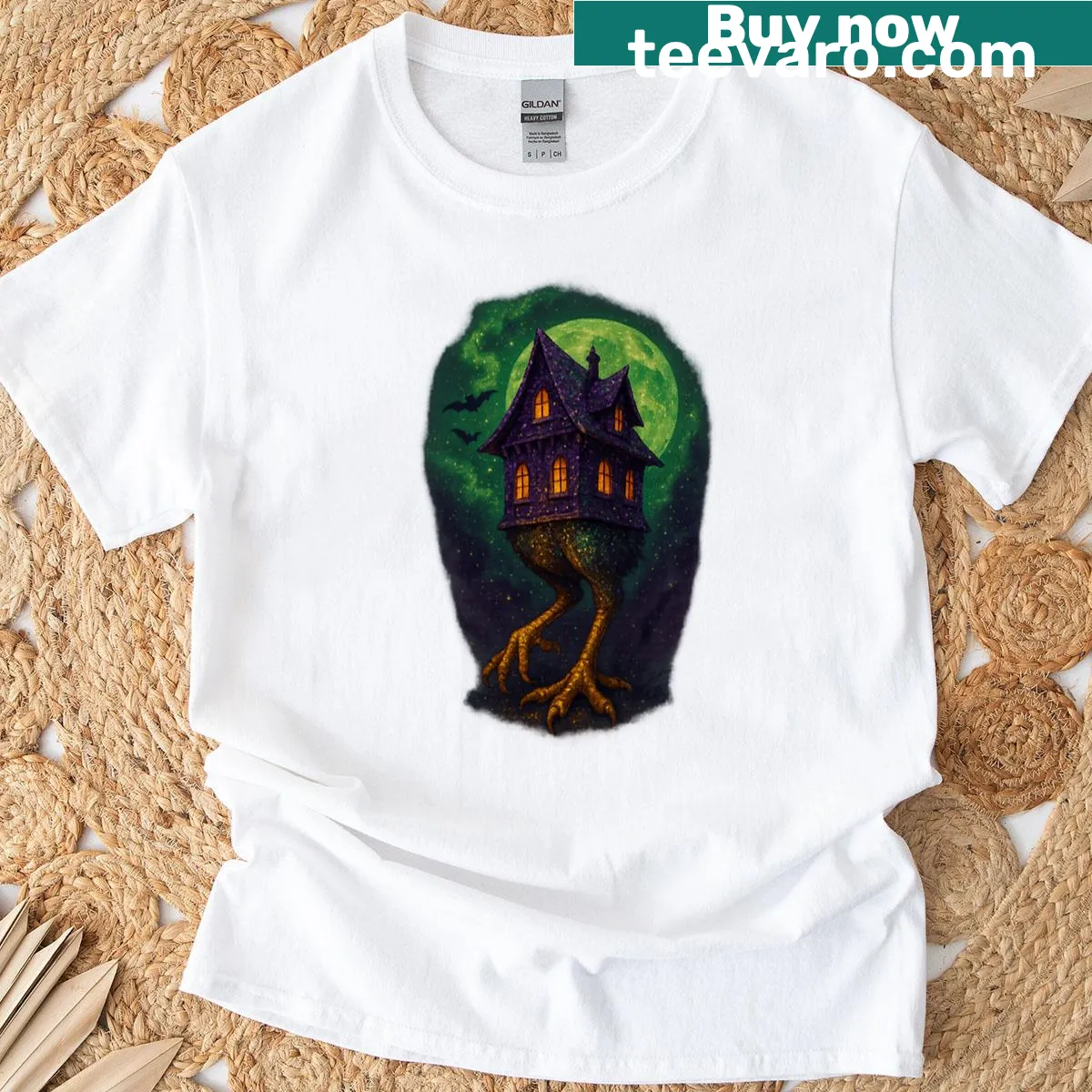 Whimsical witch house on chicken legs with glitter for Halloween — on a men's t-shirt