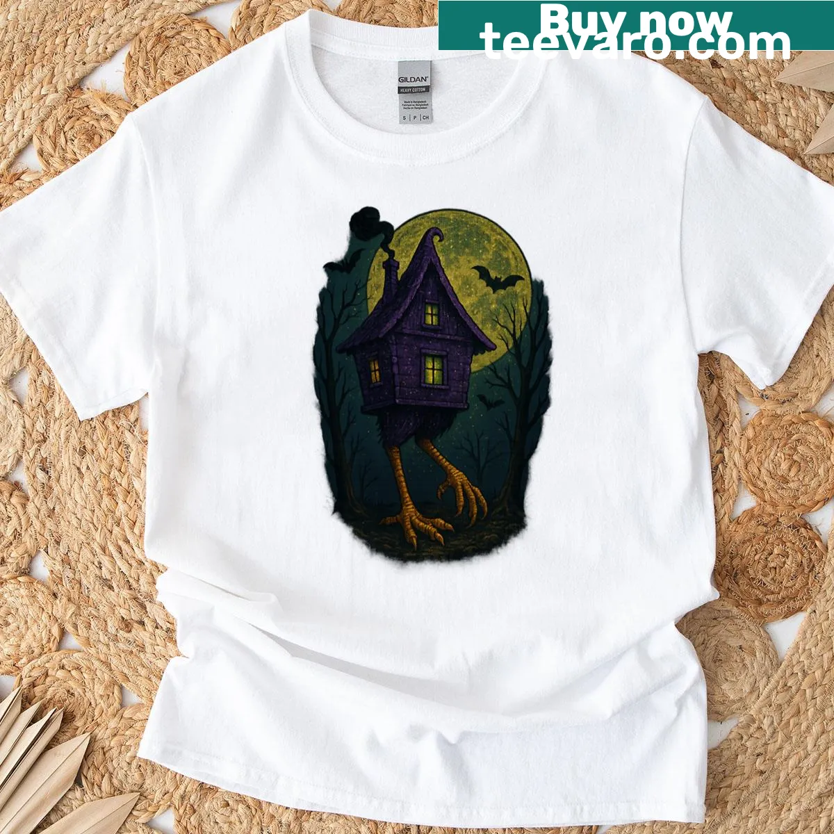 Whimsical witch house on chicken legs for Halloween — on a men's t-shirt