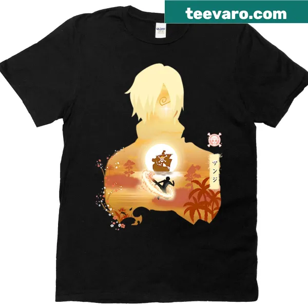 T-shirt featuring golden-haired fighters in a fierce pirate ship scene against a sunset.