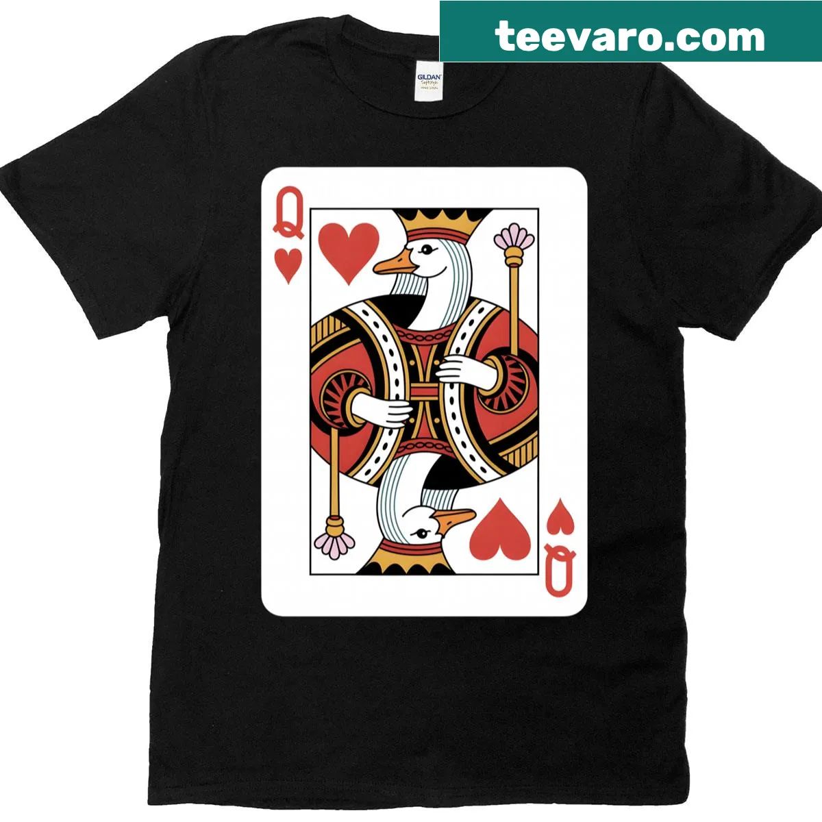 Goose character as Queen of Hearts on playful t-shirt — on a men's t-shirt