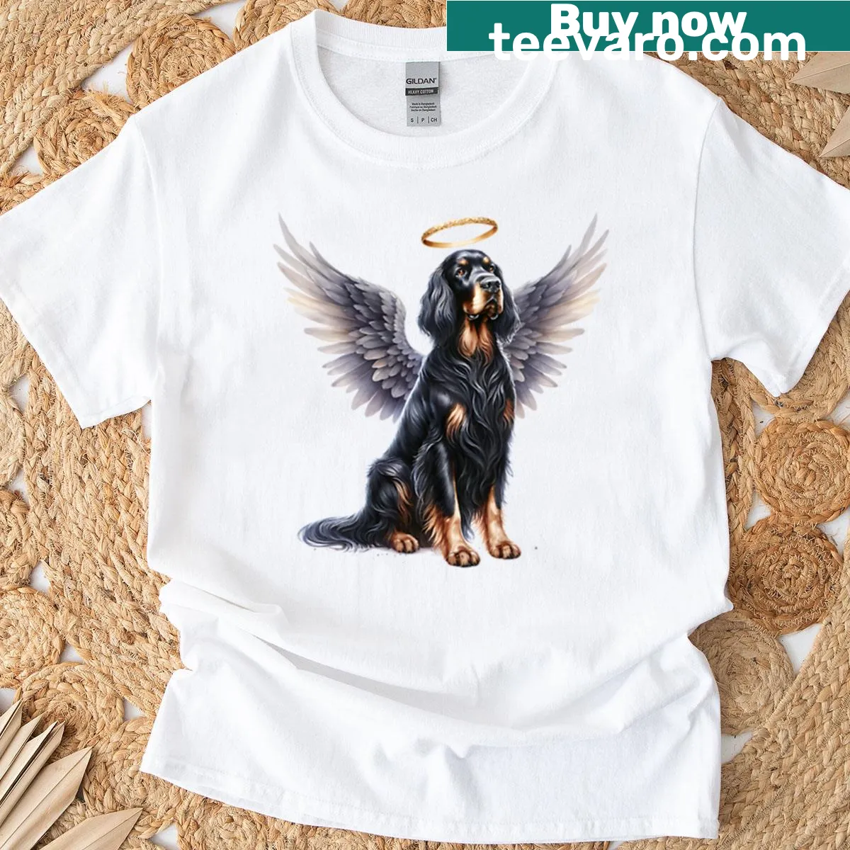Illustration of a Gordon Setter as an angel on a T-shirt — on a men's t-shirt