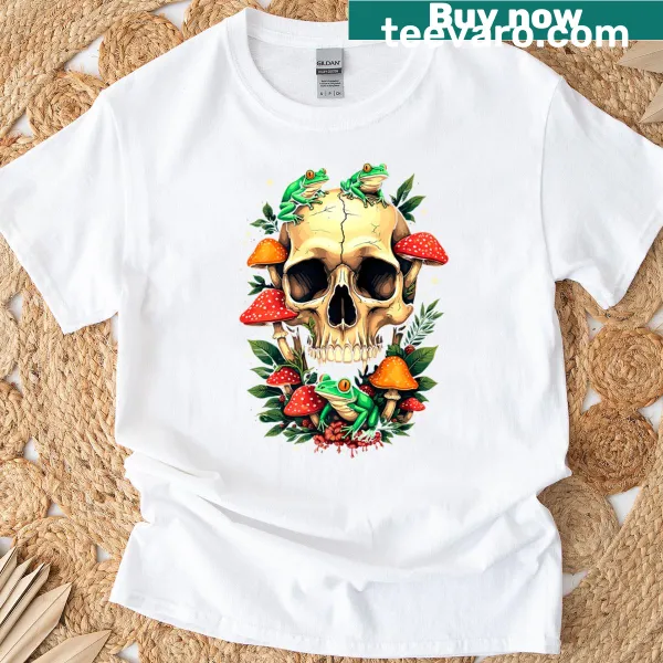 Whimsical skull and mushroom design on premium T-shirt