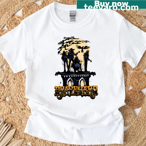 Graveyard-themed band t-shirt with quirky design