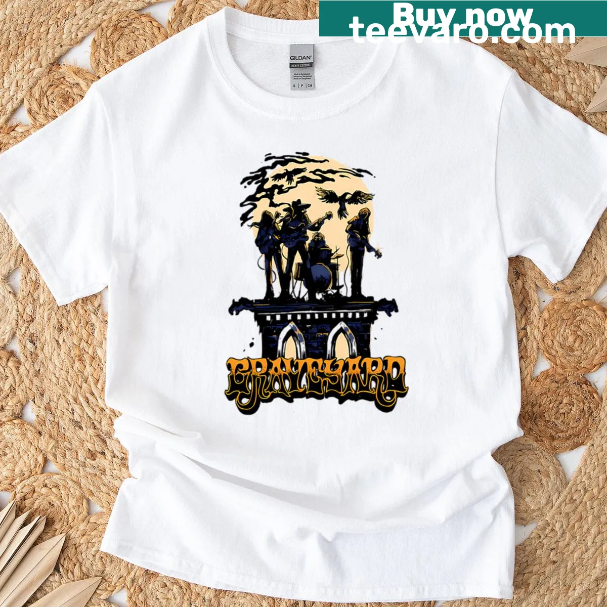 Graveyard-themed band t-shirt with quirky design — on a men's t-shirt