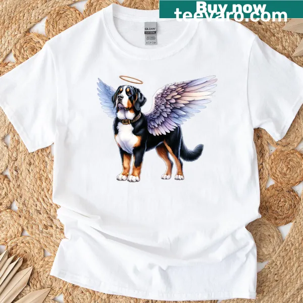 Illustration of a Greater Swiss Mountain Dog as an angel with wings