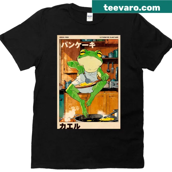 Cute T-shirt with a cartoon frog making pancakes