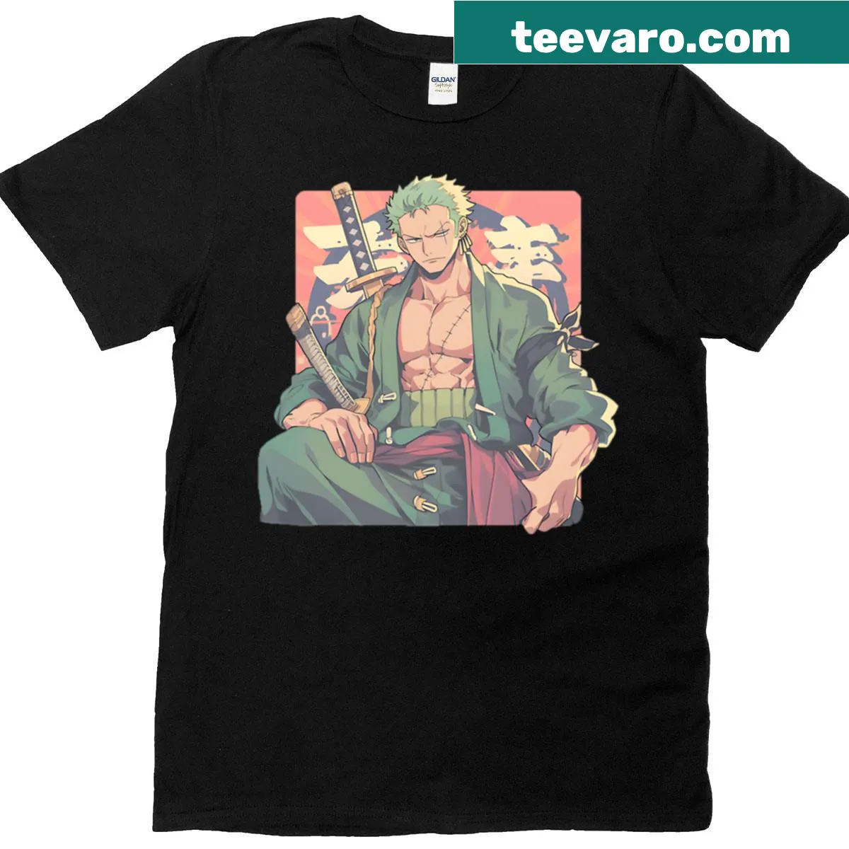 Anime swordsman t-shirt featuring a character with green hair — on a men's t-shirt