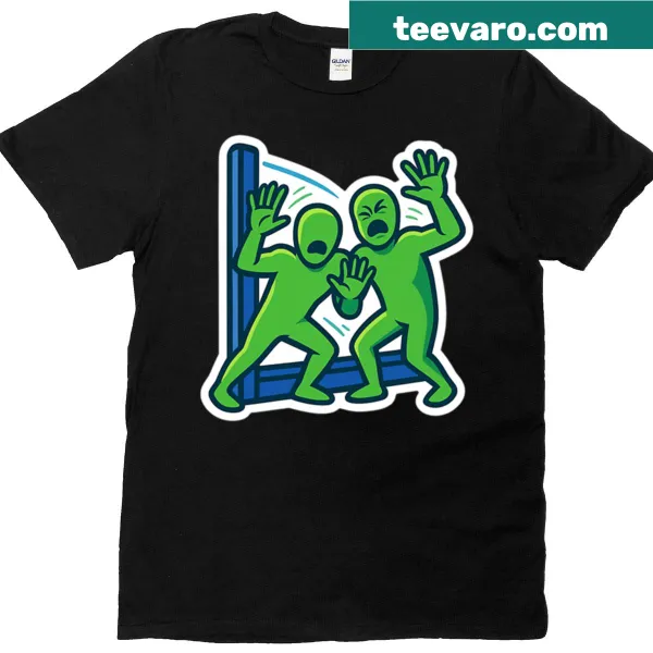Graphic of Green Men hockey fans on a casual t-shirt.
