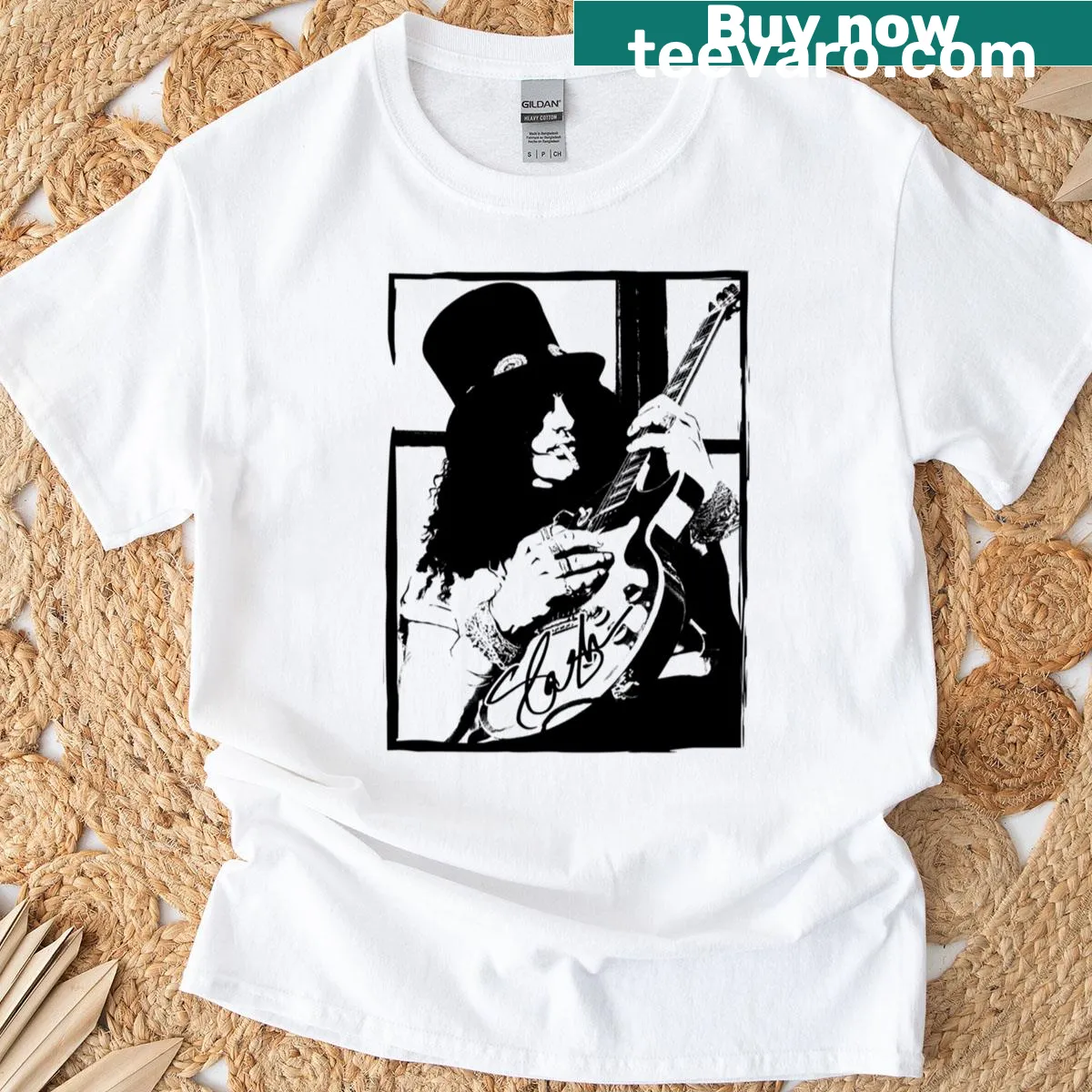 Pop art style guitar player illustration T-shirt — on a men's t-shirt