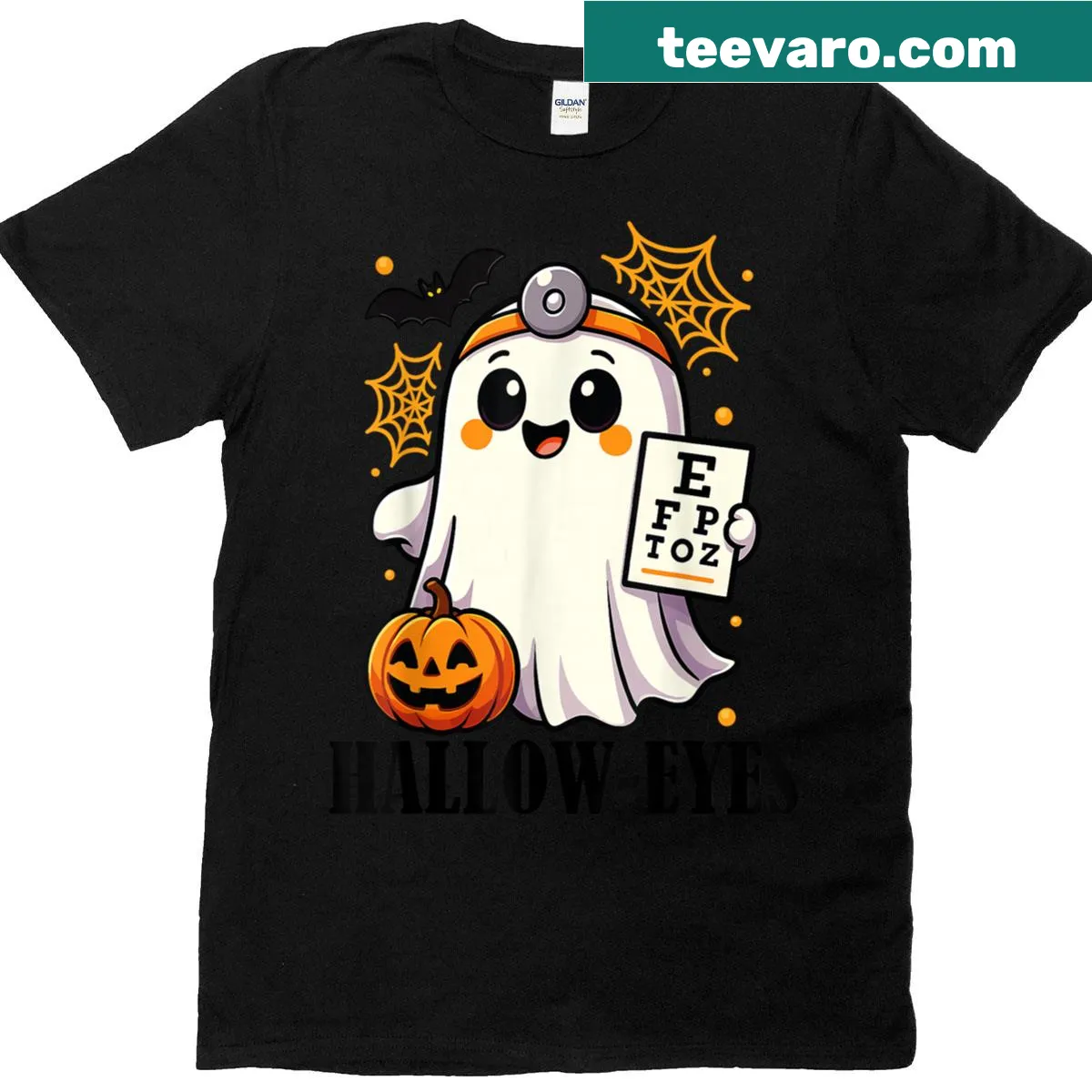 Pun-filled Halloween t-shirt with 'Hallow-eyes' for eye doctors — on a men's t-shirt