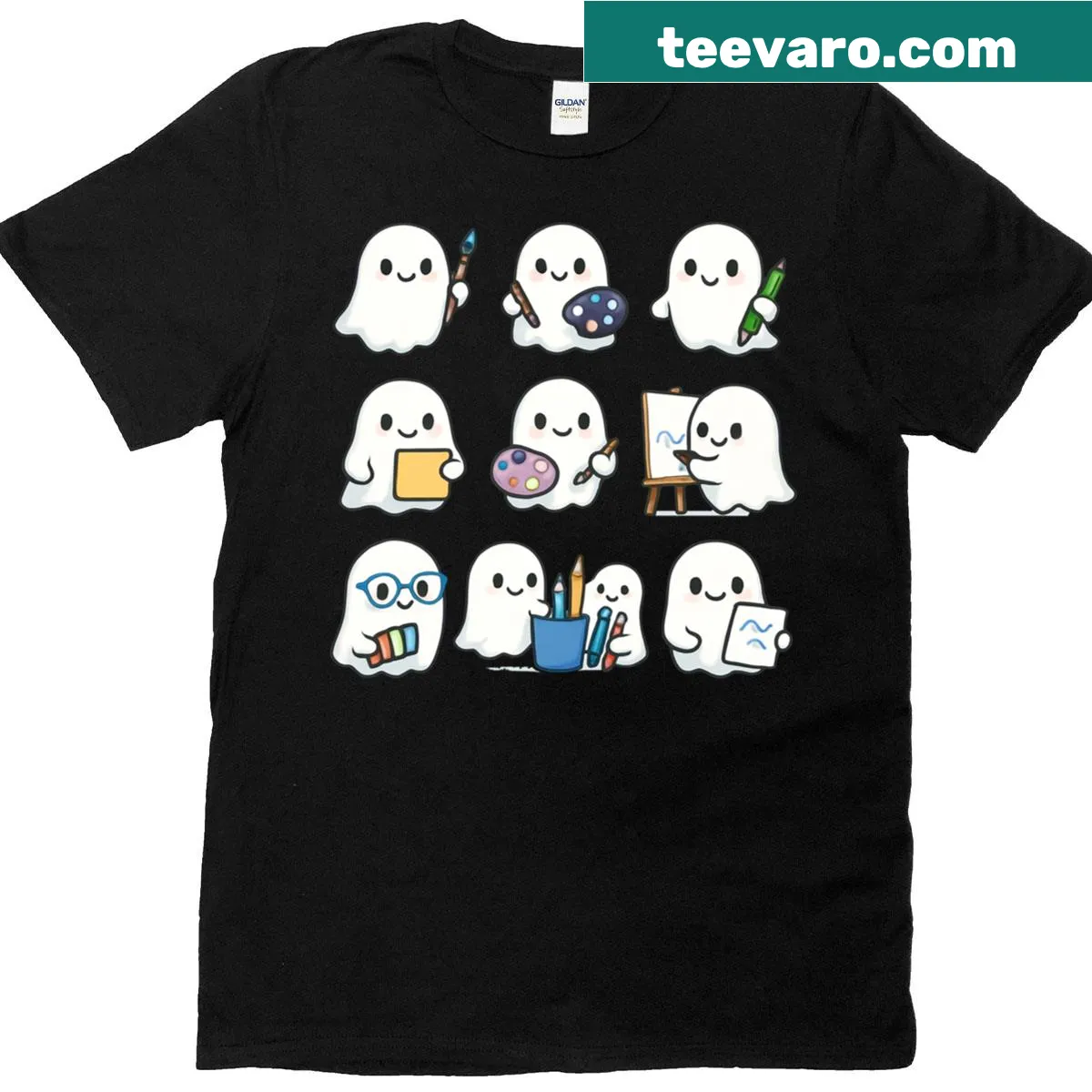 T-shirt featuring a ghost artist with art supplies for teachers — on a men's t-shirt