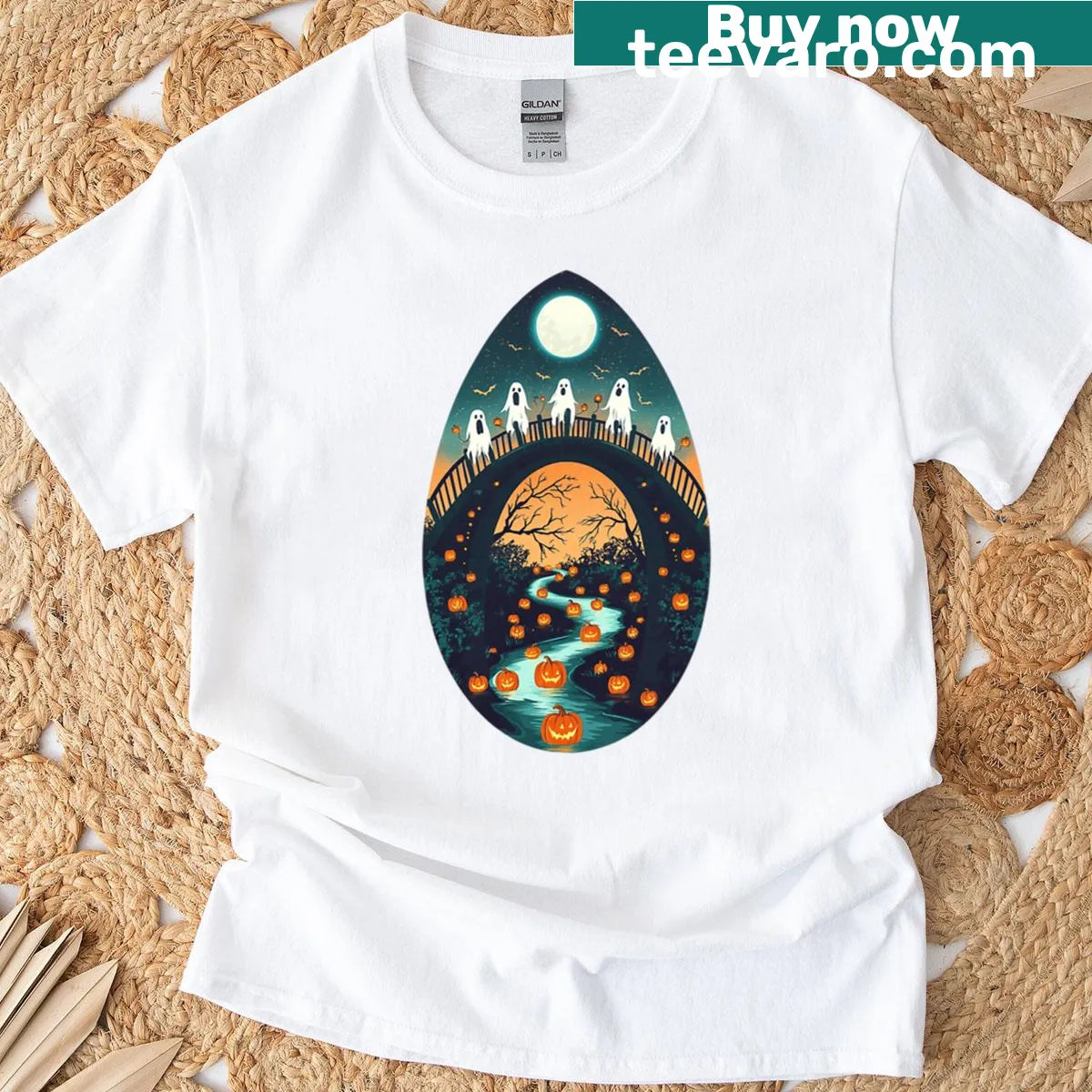 Halloween T-shirt with ghosts, full moon, and pumpkins illustration — on a men's t-shirt