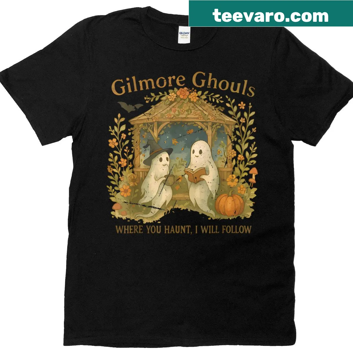 Halloween themed t-shirt with playful ghouls and text — on a men's t-shirt